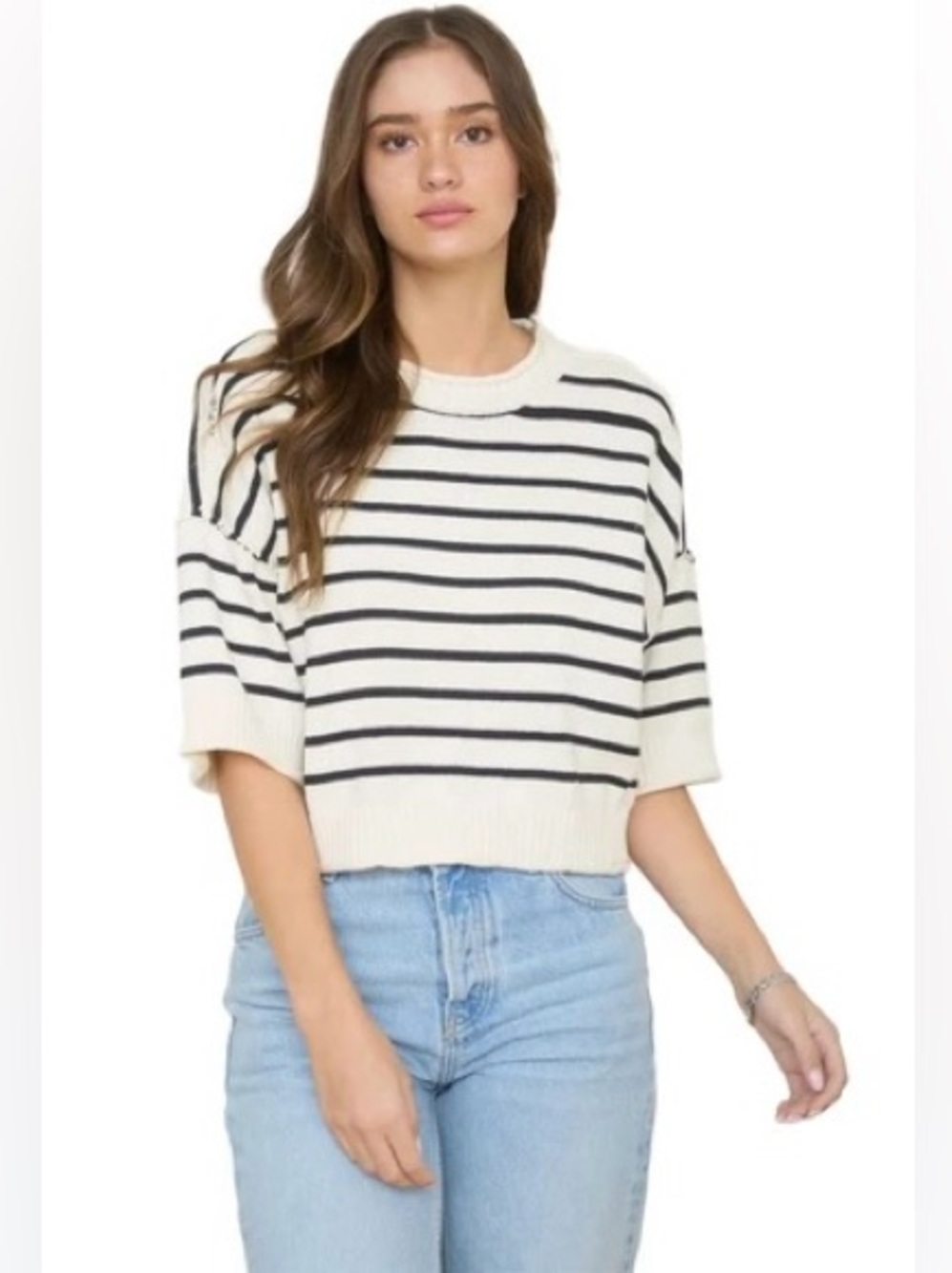 J.O.A. Navy Striped Short Sleeve Blair Sweater